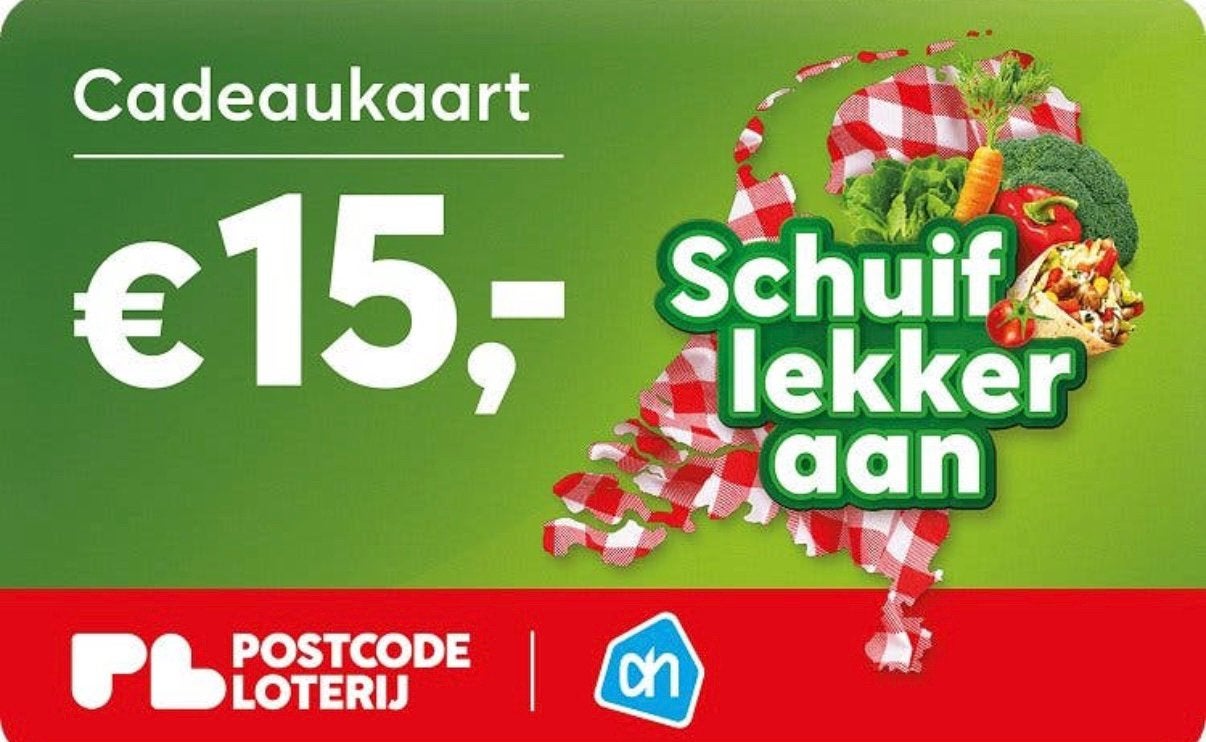 GEZOCHT schuif lekker aan kaart Albert Heijn Postcodeloterij, Eén persoon, Cadeaubon