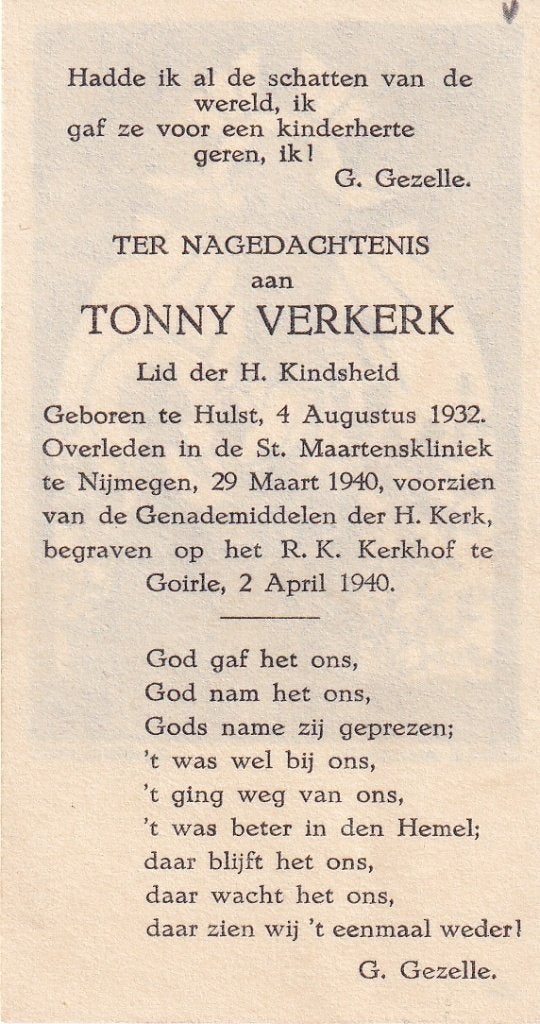 Verkerk Tonny 1932 Hulst 1949 Nijmegen  begr Goirle, Verzamelen, Bidprentjes en Rouwkaarten, Ophalen of Verzenden, Bidprentje