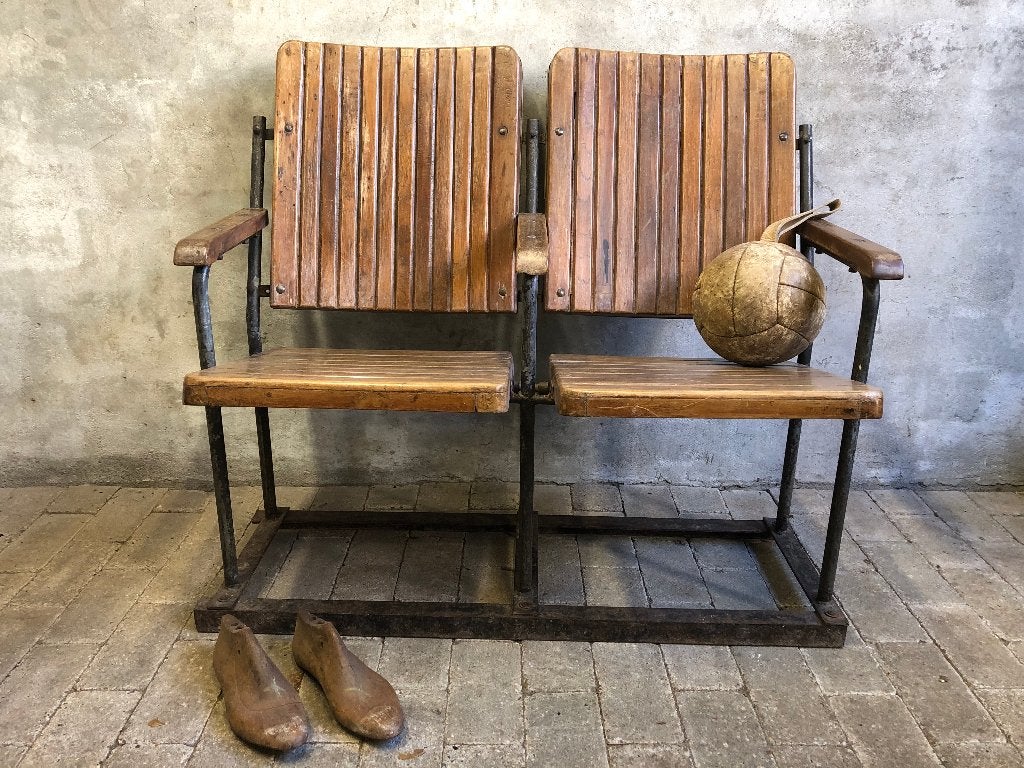 Vintage industriele houten 2-zitsbank met stalen frame, Ophalen, Gebruikt, Minder dan 75 cm, Vintage