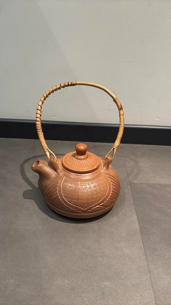 Vintage keramische theepot met rotan hengsel –Oosterse stijl, Ophalen of Verzenden