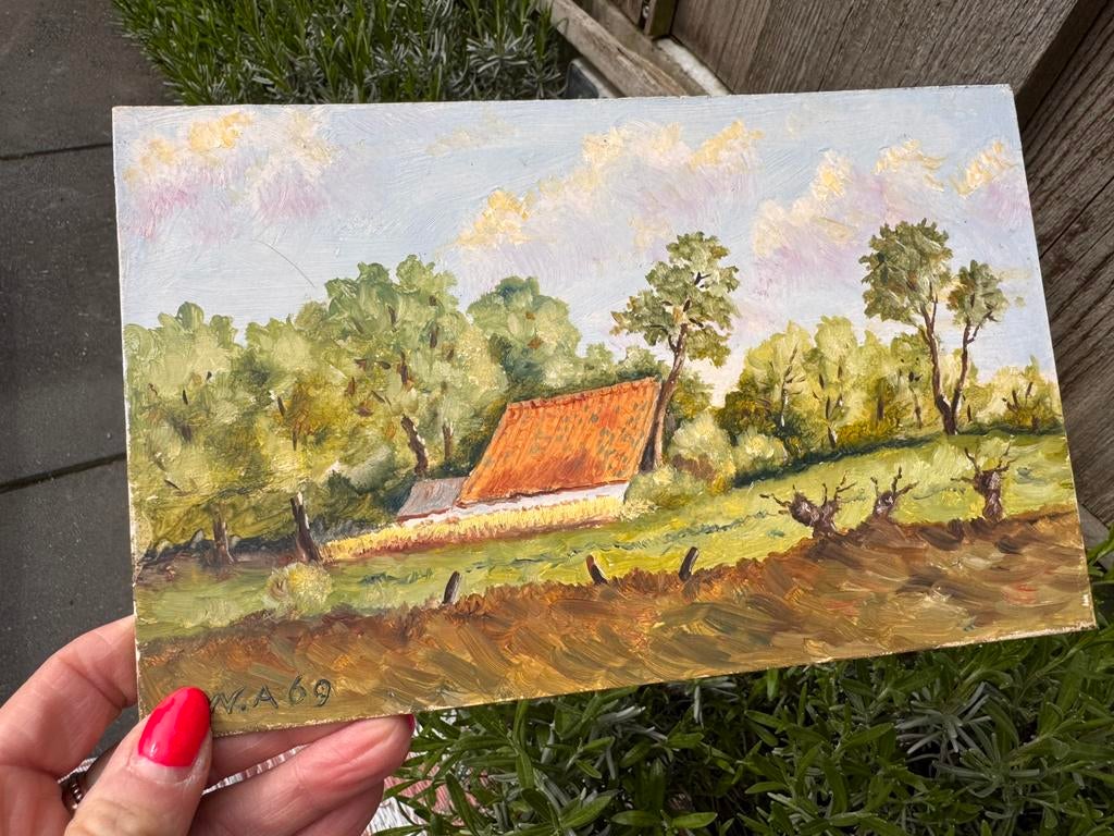 Schilderij boerderij ten Brugge Tijplaatsweg 1969 - Aberson, Antiek en Kunst, Kunst | Schilderijen | Klassiek, Ophalen of Verzenden