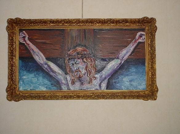 Christus op doek geschilderd in 1959 in brocante lijst., Ophalen