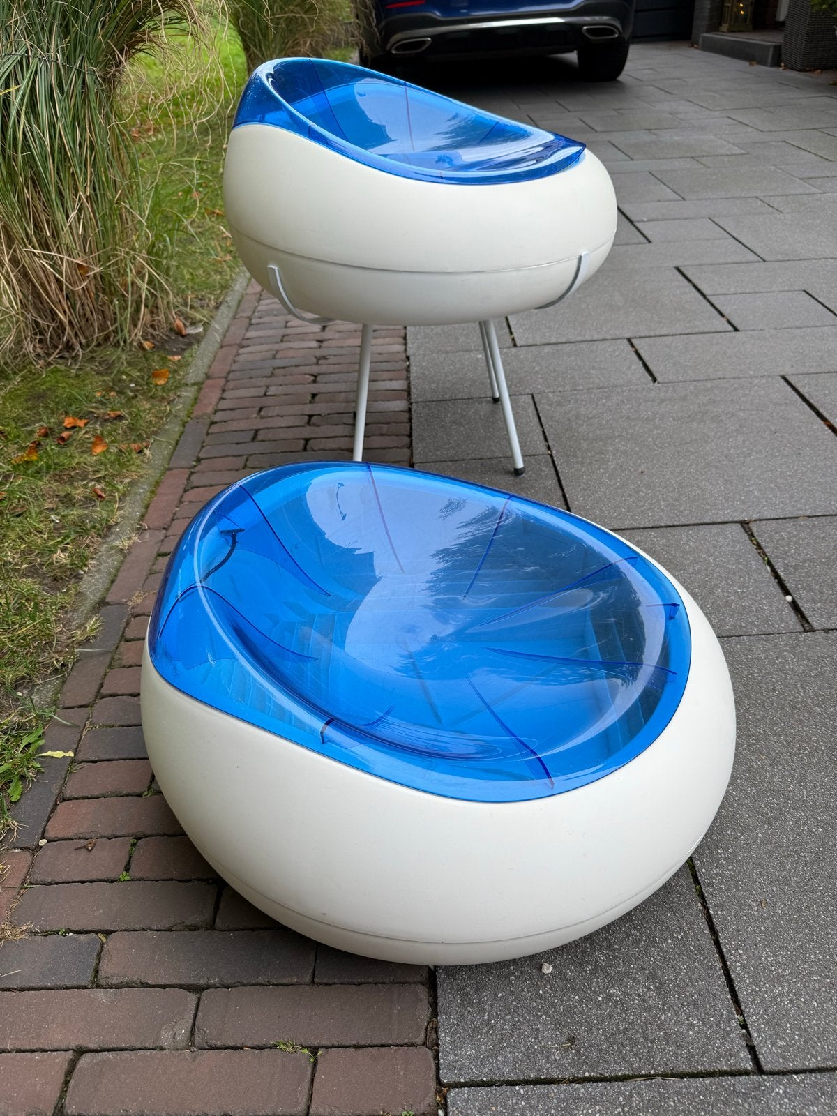 Vintage IKEA PS Ellan Stoel en Poef - Blauw/Wit, Ophalen, Kunststof, Gebruikt, Blauw