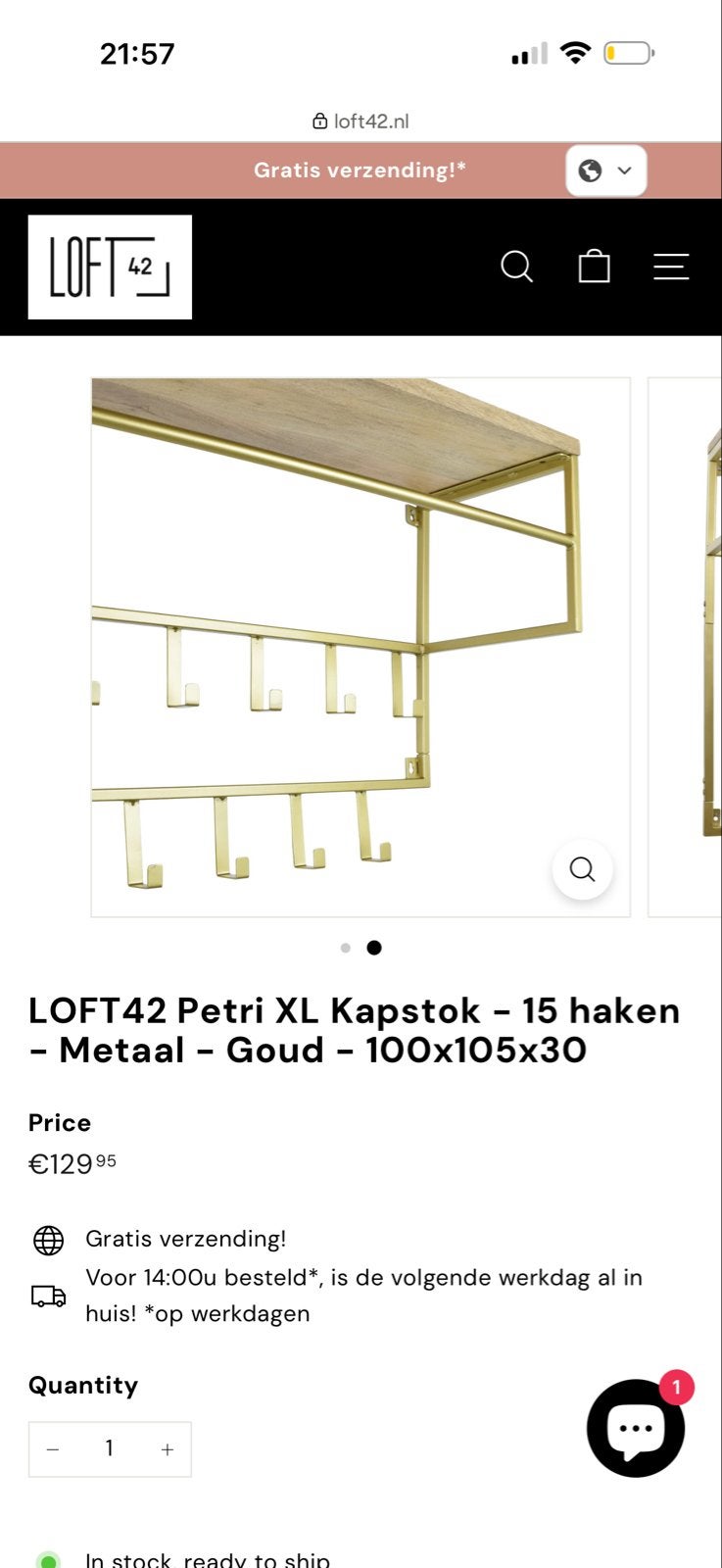 LOFT42 Petri XL Kapstok - Nieuw in doos - Goud - 100x105x30, Huis en Inrichting, Woonaccessoires | Kapstokken, Wandkapstok, 100 tot 150 cm