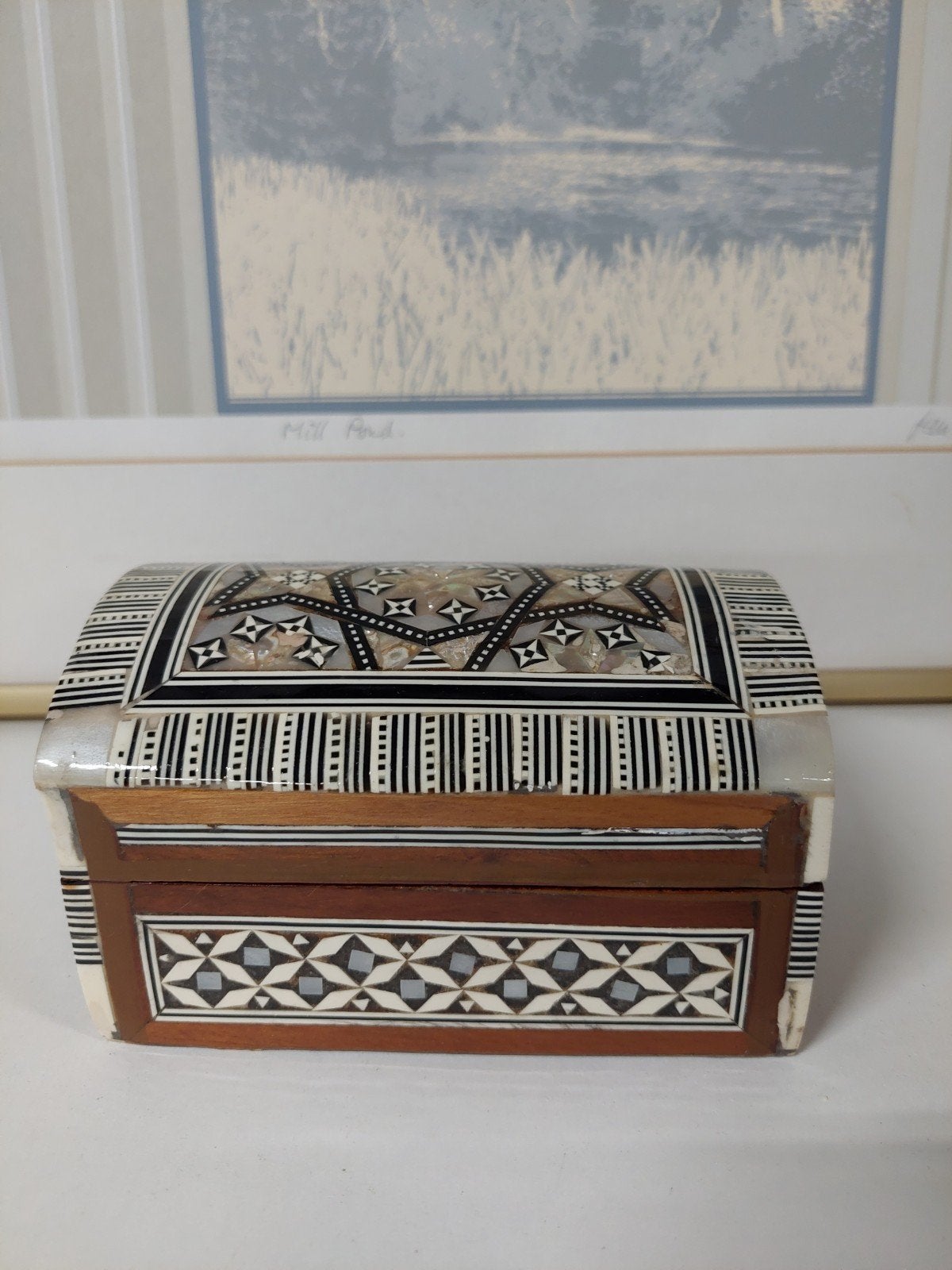 Decoratieve houten sieraden kistje met parelmoer inleg, Ophalen of Verzenden