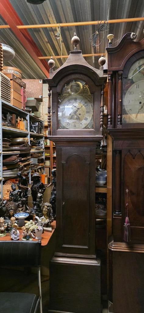 Antieke staande klok Thos. Sharp Leighton, eiken kast, Ophalen of Verzenden