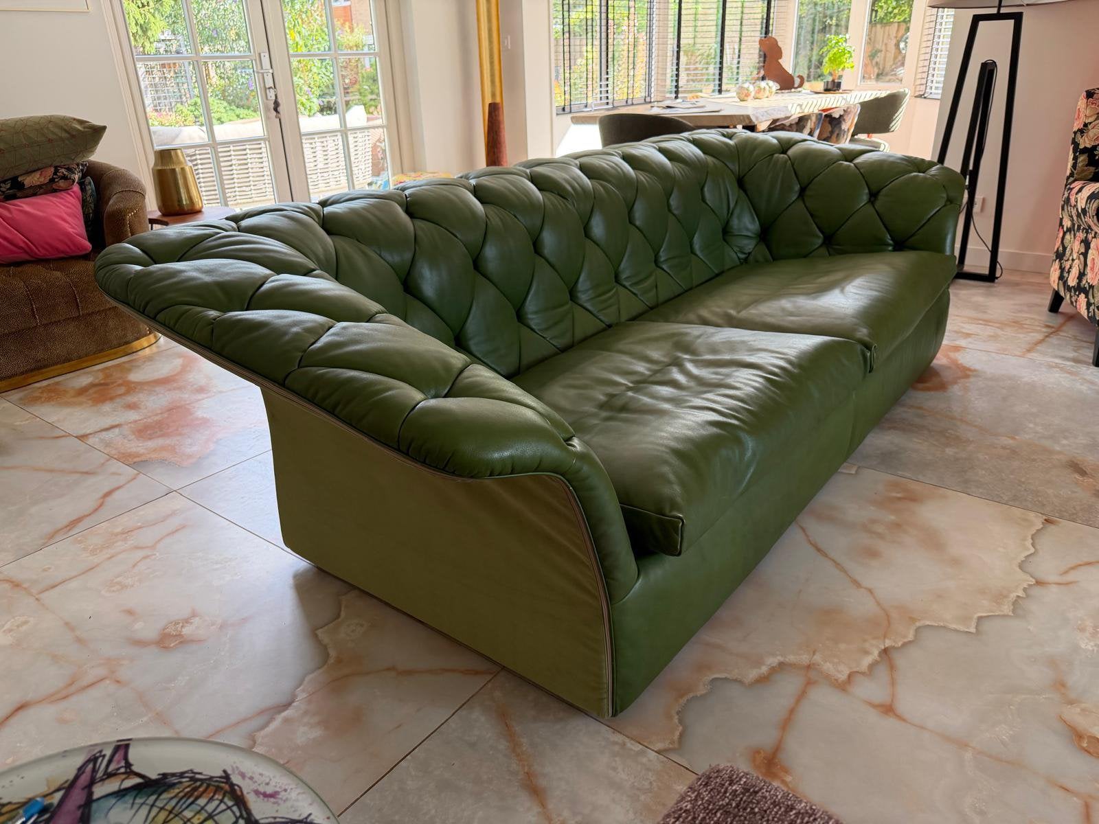 Bank van groen leer, Ophalen, 250 tot 300 cm, Gebruikt, Design