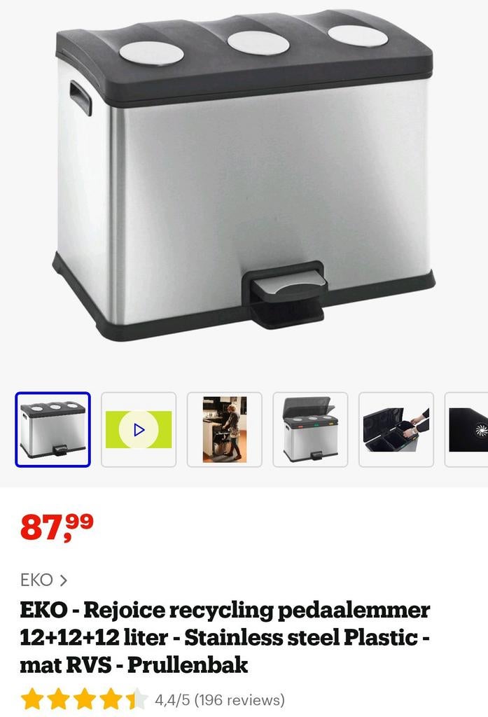 EKO Afvalemmer RVS met 3 aparte vakken - 3x12L, Huis en Inrichting, Woonaccessoires | Prullenbakken, Ophalen, Met pedaal, 50 tot 75 cm