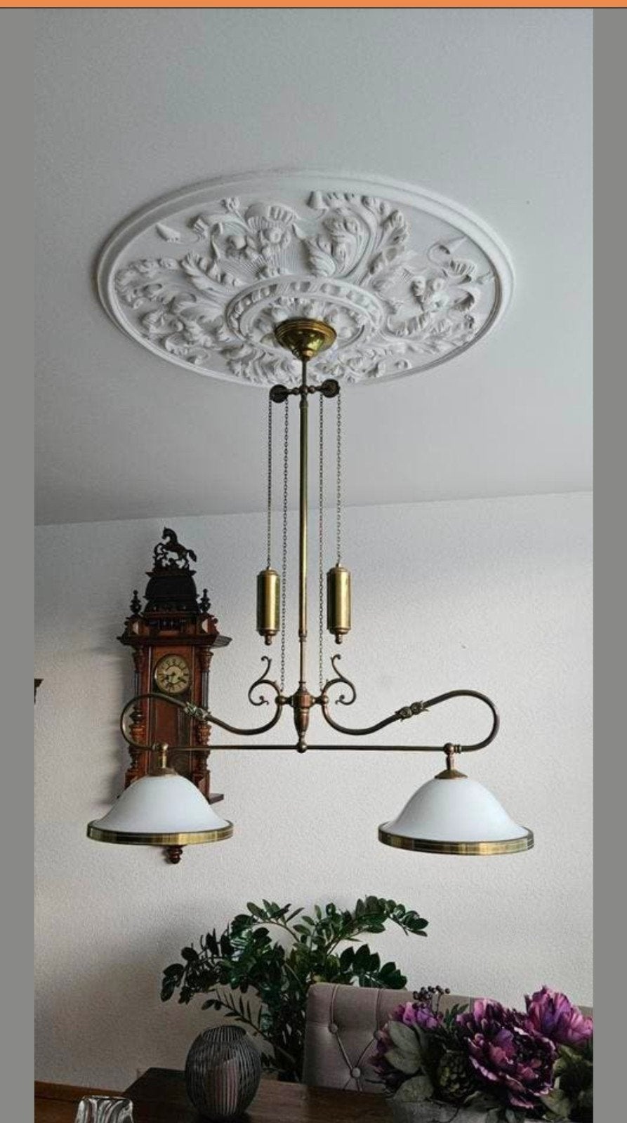 Antieke hanglamp met twee kappen, Ophalen, Gebruikt, Glas, Klassiek, Antiek