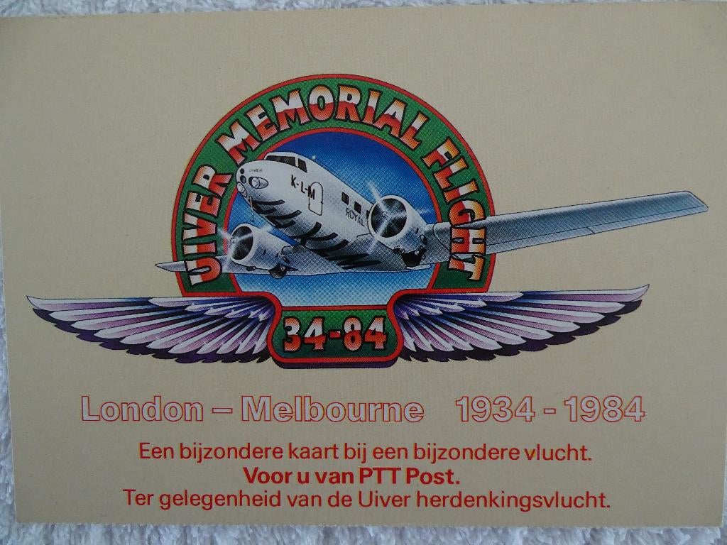 Uiver Memorial Flight / London - Melbourne / 1934 - 1984, Verzamelen, Ophalen of Verzenden, Zo goed als nieuw, Kaart, Foto of Prent