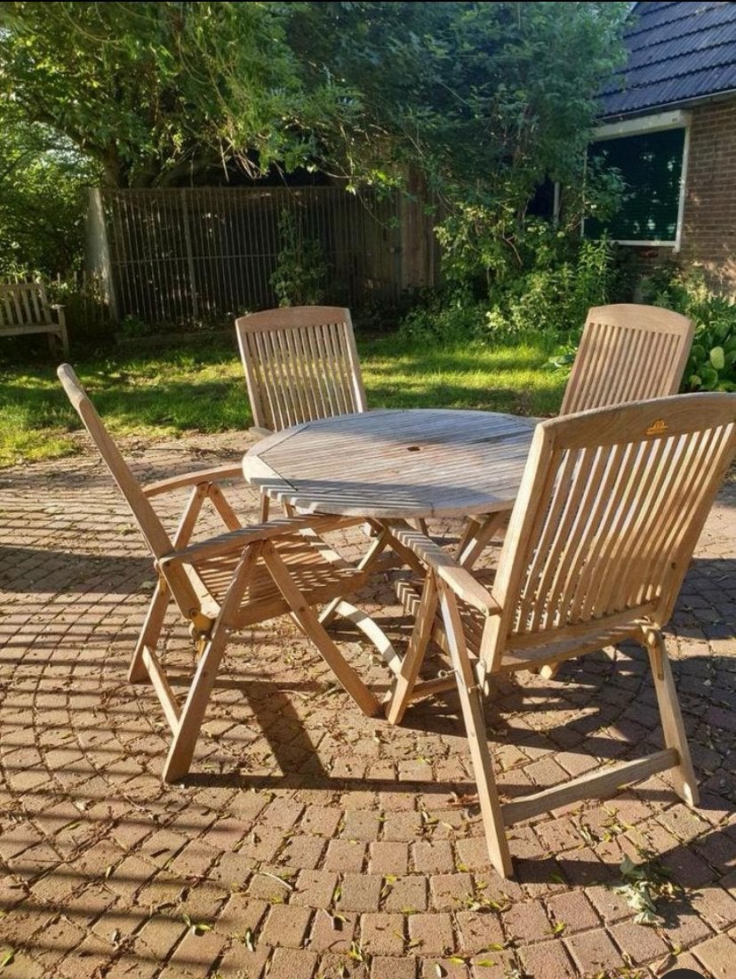 Teakhouten tuinset met 4 stoelen en ronde tafel, Tuin en Terras, 4 zitplaatsen, Gebruikt, Eettafel, Teakhout