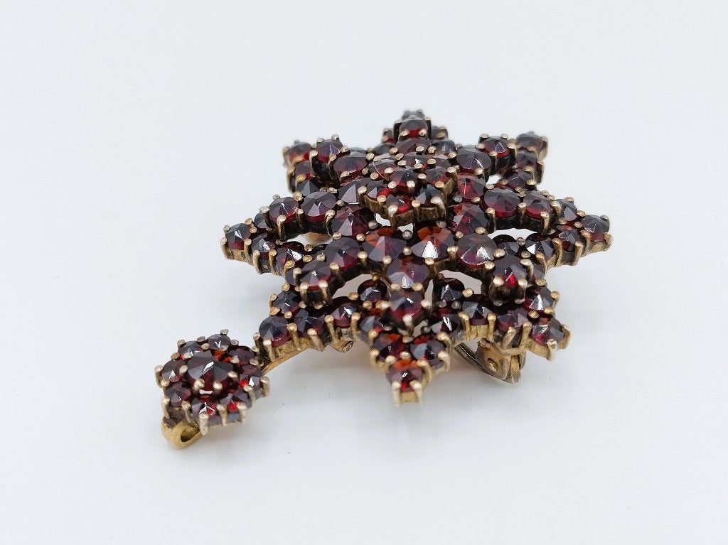 Verguld zilveren broche/ hanger bezet met granaten, Gebruikt, Info@zilverwebsite.nl, Verzenden, Zilverwebsite.nl