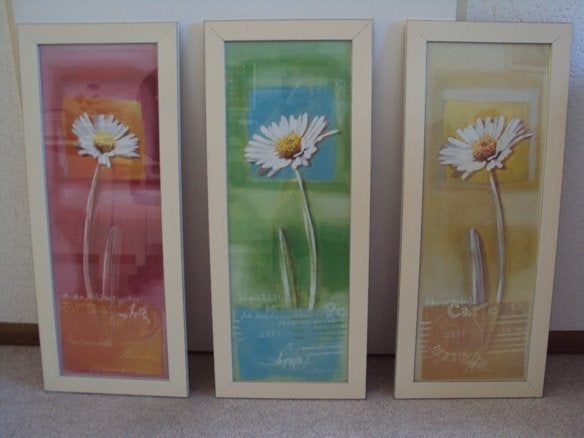 Moderne drieluik schilderij bloemen houten lijst met glas, Antiek en Kunst, Ophalen of Verzenden, Achter glas, Bloemen