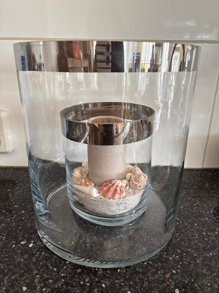 Riviera Maison Windlicht met Kaars en Schelpen, Overige materialen, 25 tot 50 cm, Wit, Ophalen of Verzenden