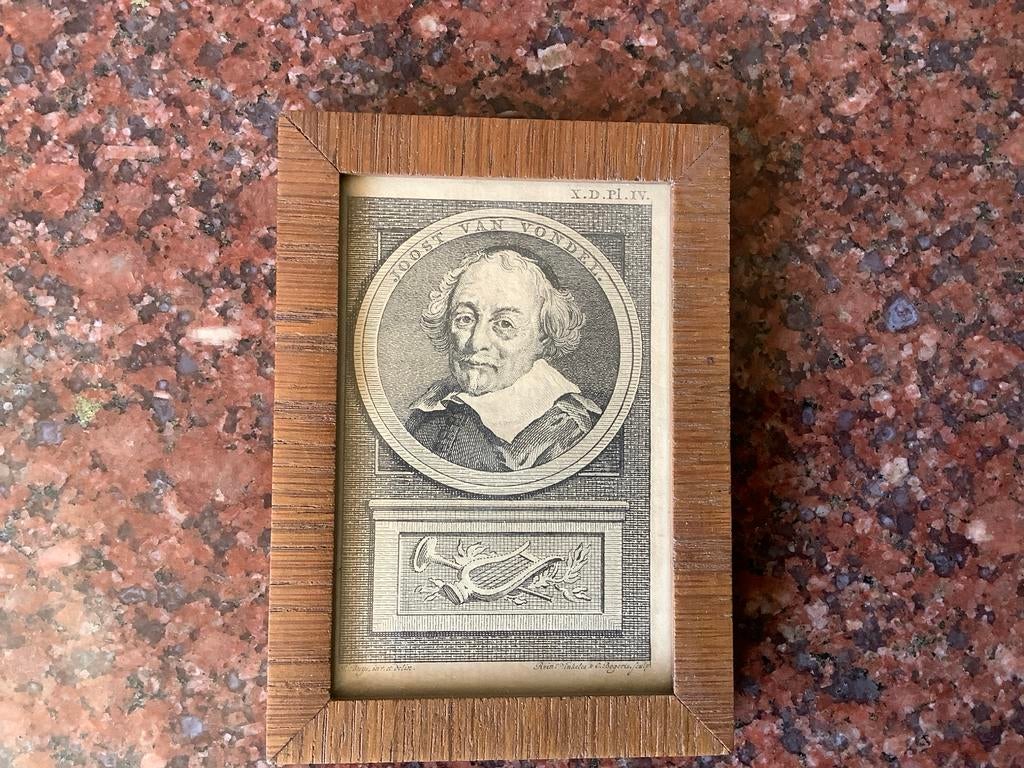 Antieke Gravure: Portret van Joost van den Vondel, Antiek en Kunst, Ingelijst, Portret, Ophalen of Verzenden, Gravure