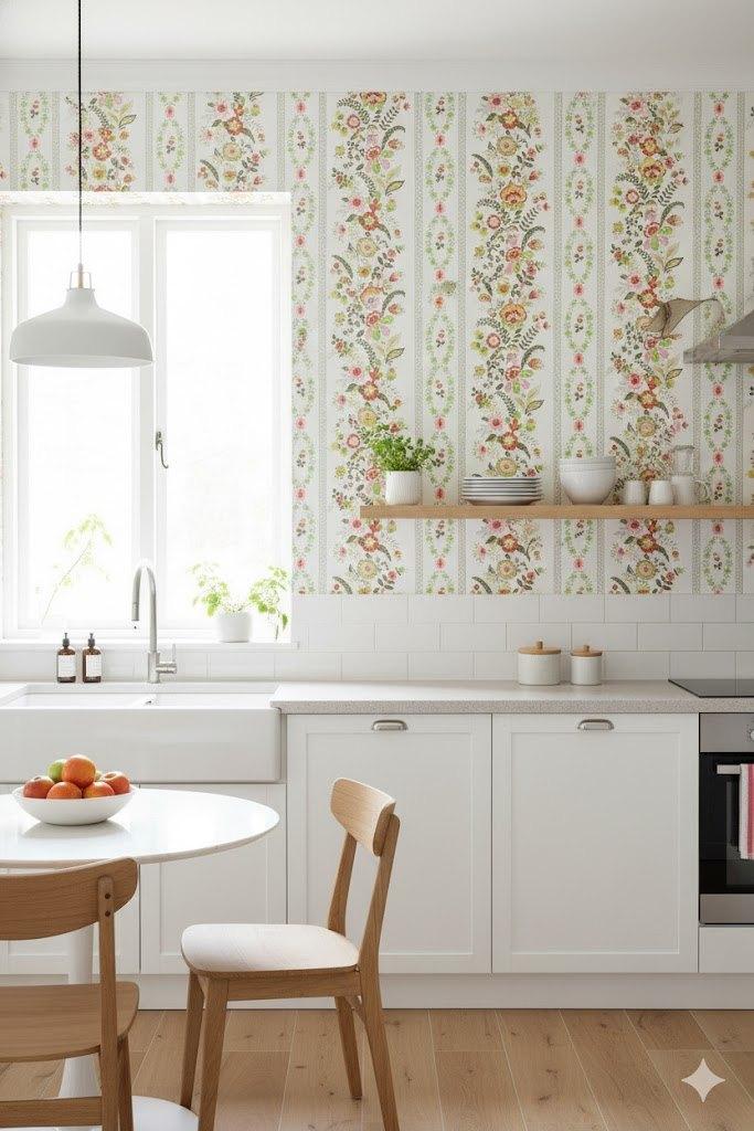 7082 vrolijk fel folklore bloemenbehang vintage swiet, Huis en Inrichting, Stoffering | Behang, Verzenden, Groen