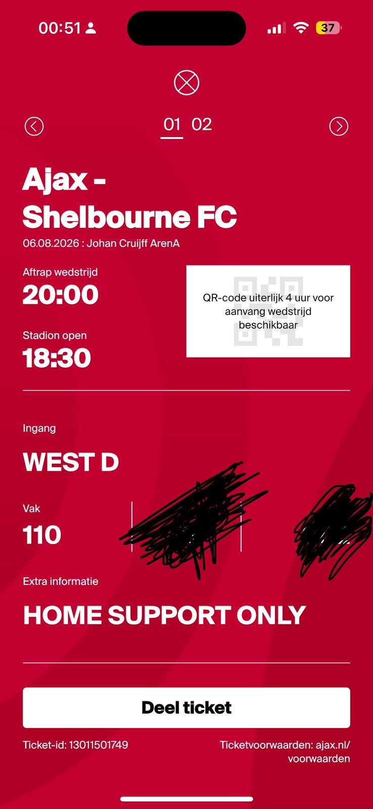 Kaartje Ajax - Shelbourne 1e ring vak 110, Tickets en Kaartjes, Eén persoon
