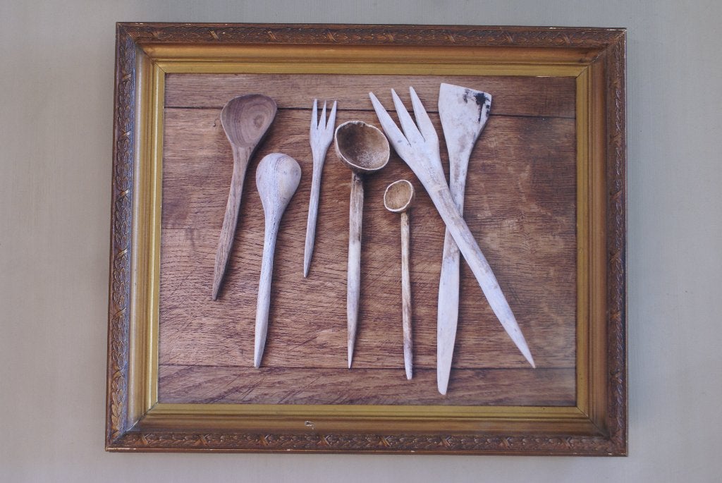 Brocante - Houten bestek in oude lijst!, Huis en Inrichting, Ophalen, Gebruikt, Eigen ontwerp, Decoratieobject
