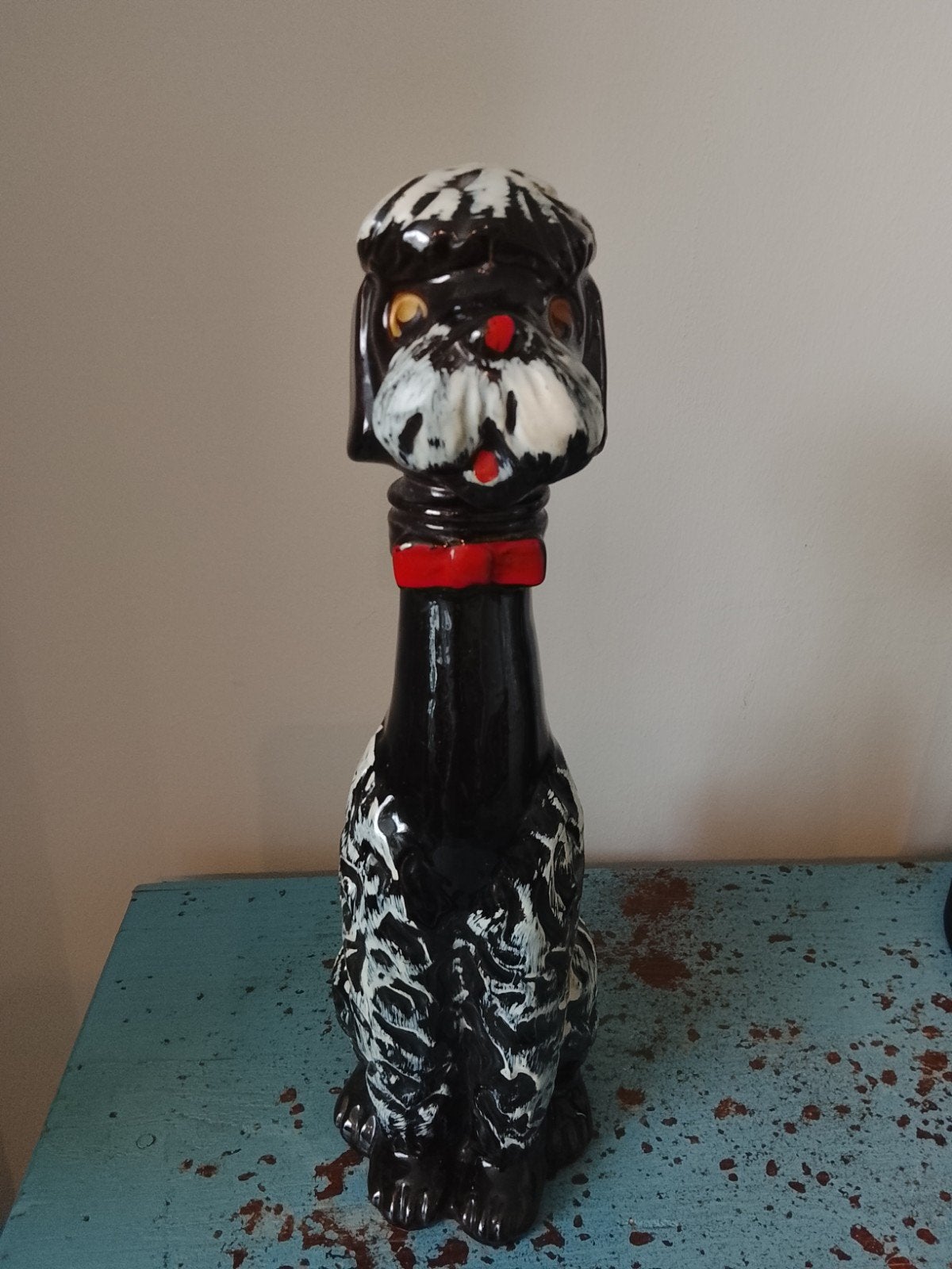 Vintage Poedel Fles - Zwart met Witte Accenten, Ophalen of Verzenden