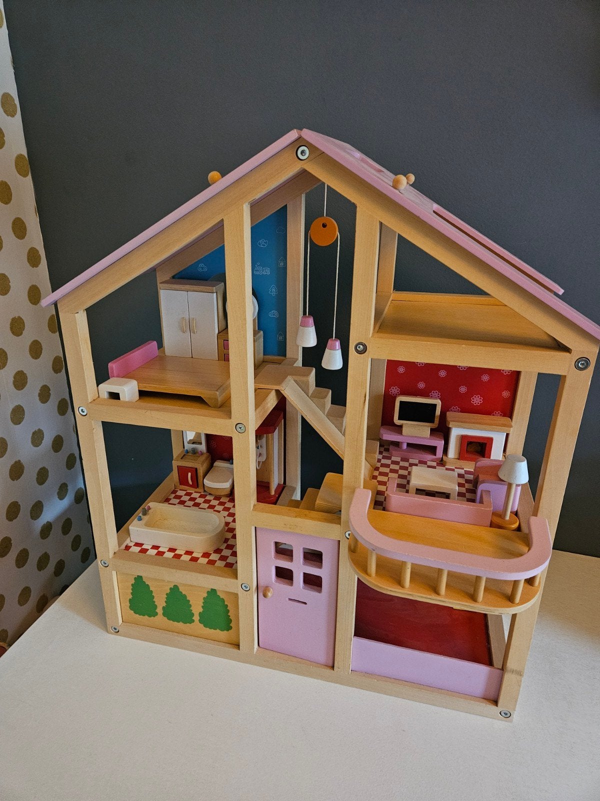 Houten poppenhuis, inclusief meubeltjes en poppetjes, Kinderen en Baby's, Ophalen, Gebruikt, Poppenhuis