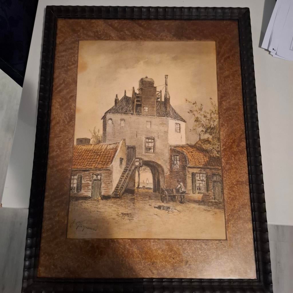 J. Garjeanne. Oud Hollands stadsgezicht aquarel in lijst., Antiek en Kunst, Ophalen of Verzenden