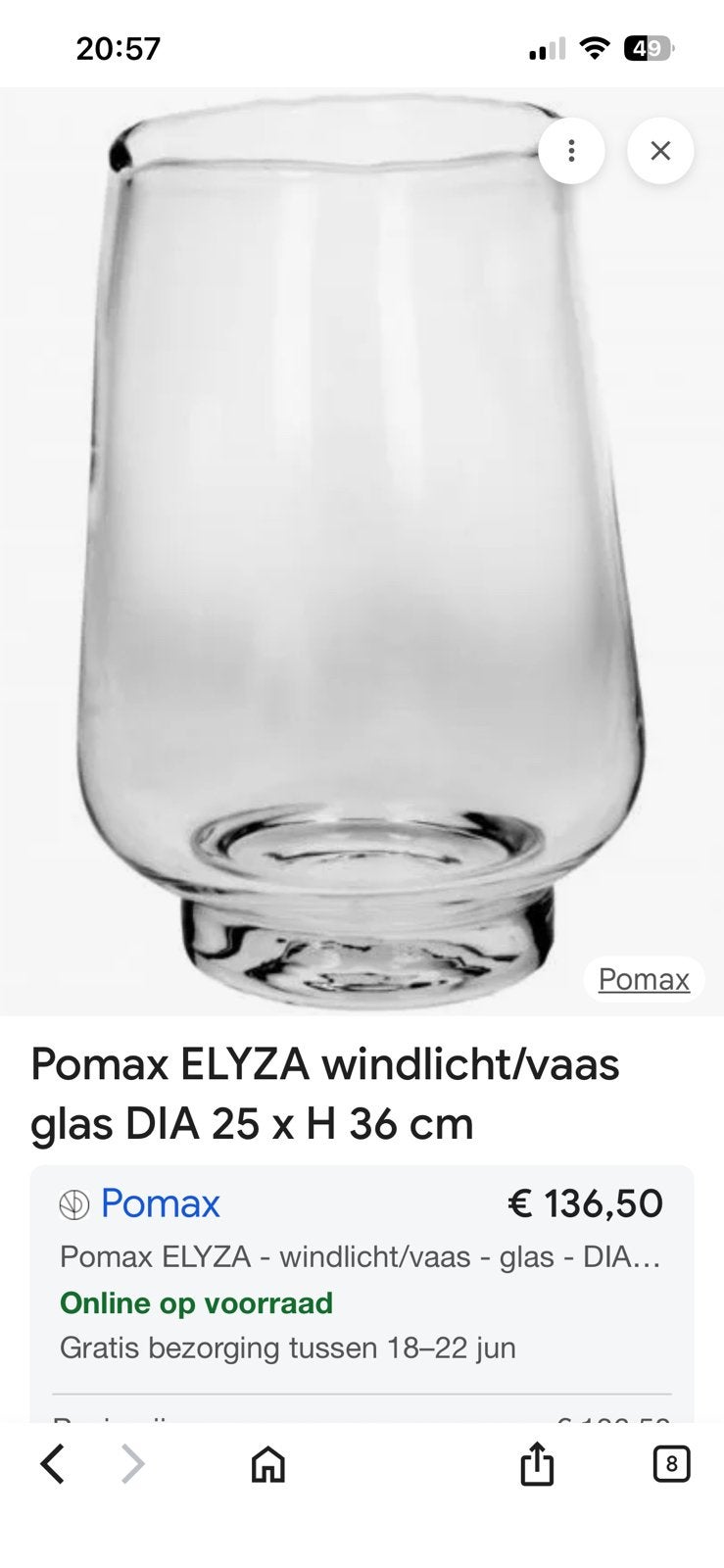 Ik ben opzoek naar Pomax windlicht/ vaas, Overige kleuren, Ophalen of Verzenden, Minder dan 50 cm, Glas