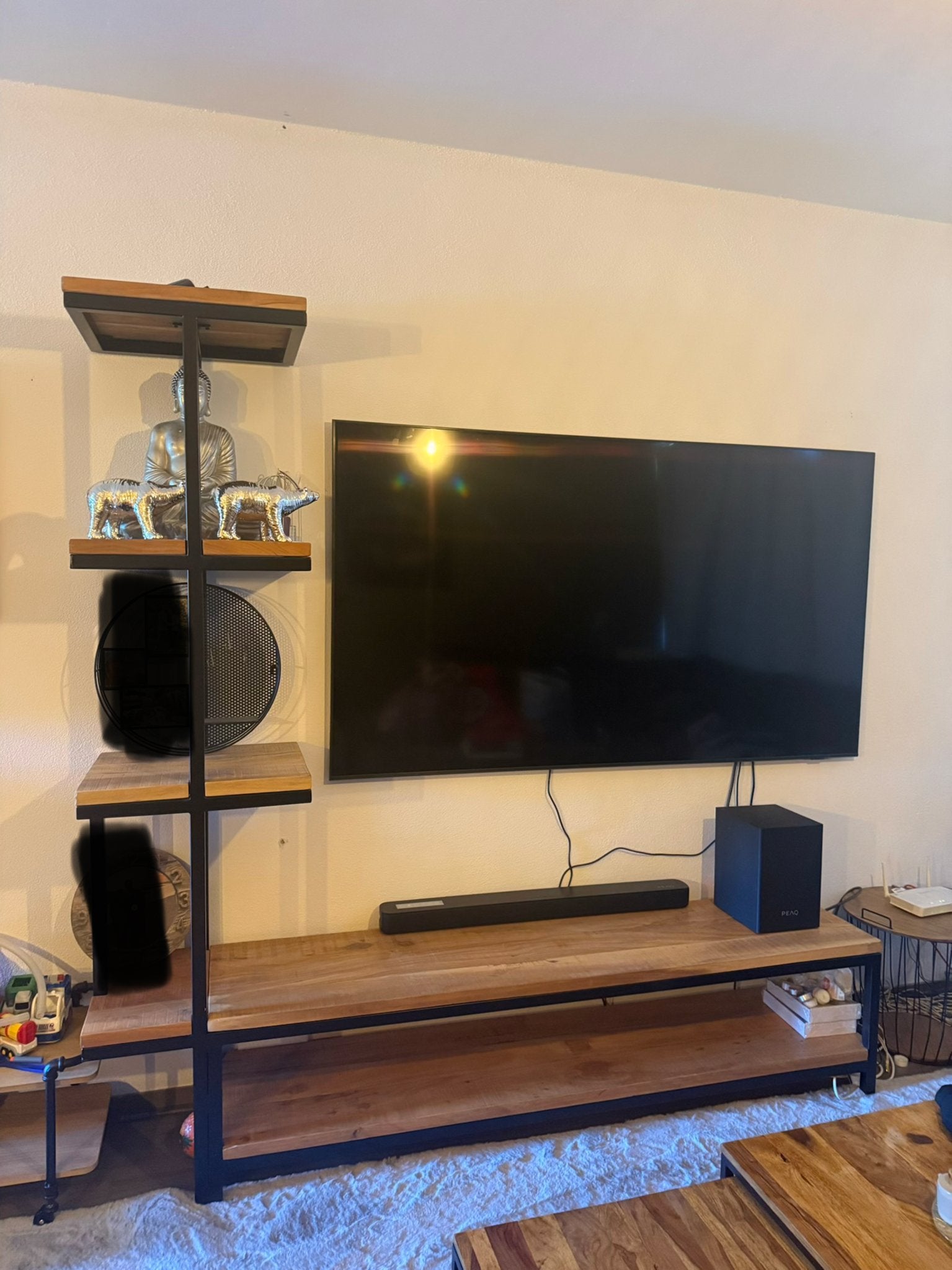 Industriële TV-meubel met bijpassende open kast., Huis en Inrichting, Kasten | Televisiemeubels, Ophalen, 200 cm of meer, Mango hout, met metaal
