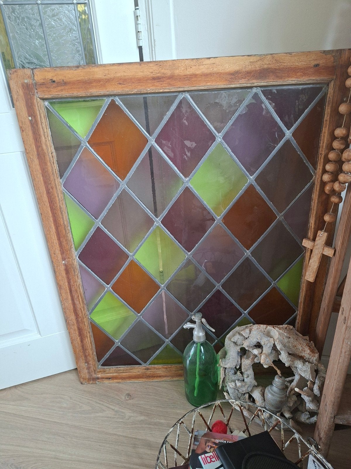 Oud glas in lood raam in hardhouten lijst - 78x98 cm, Ophalen of Verzenden