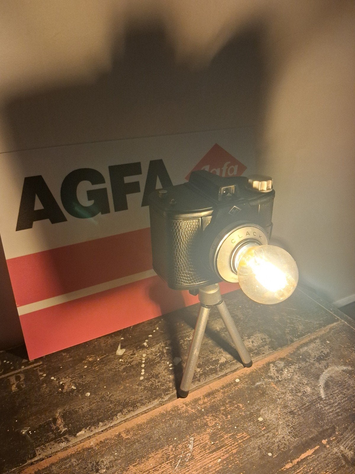 Unieke Vintage Agfa Clack Camera Tafellamp met Statief, Kunststof, Overige merken, Vintage, E14 (klein)