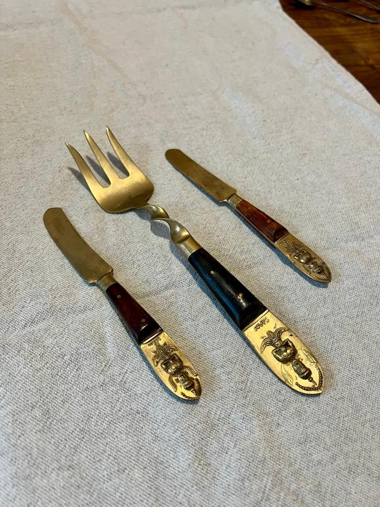 Vintage SIAM bestek – Thailand – messing met houten/heften, Ophalen of Verzenden