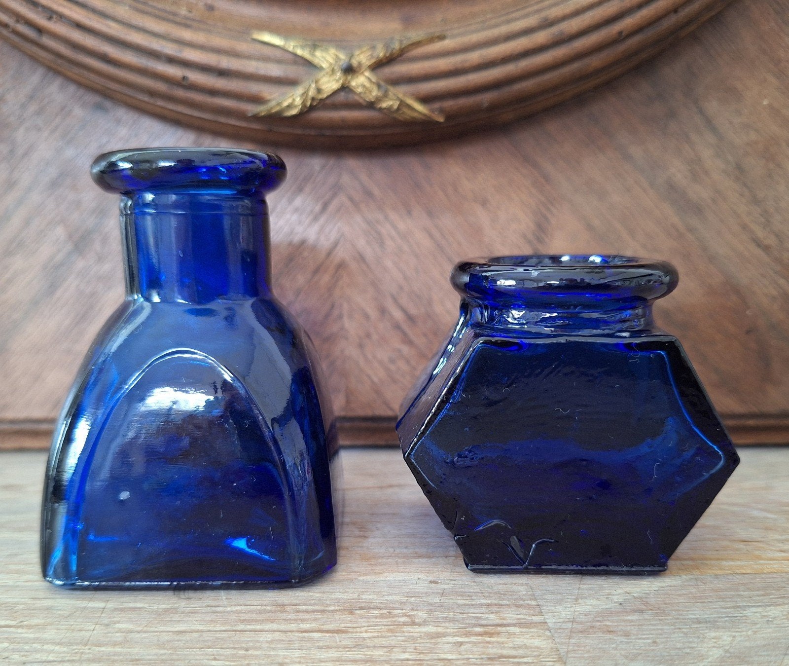 2 Kobaltblauwe Glazen Inktpotjes - Vintage Schrijfaccessoire, Ophalen of Verzenden