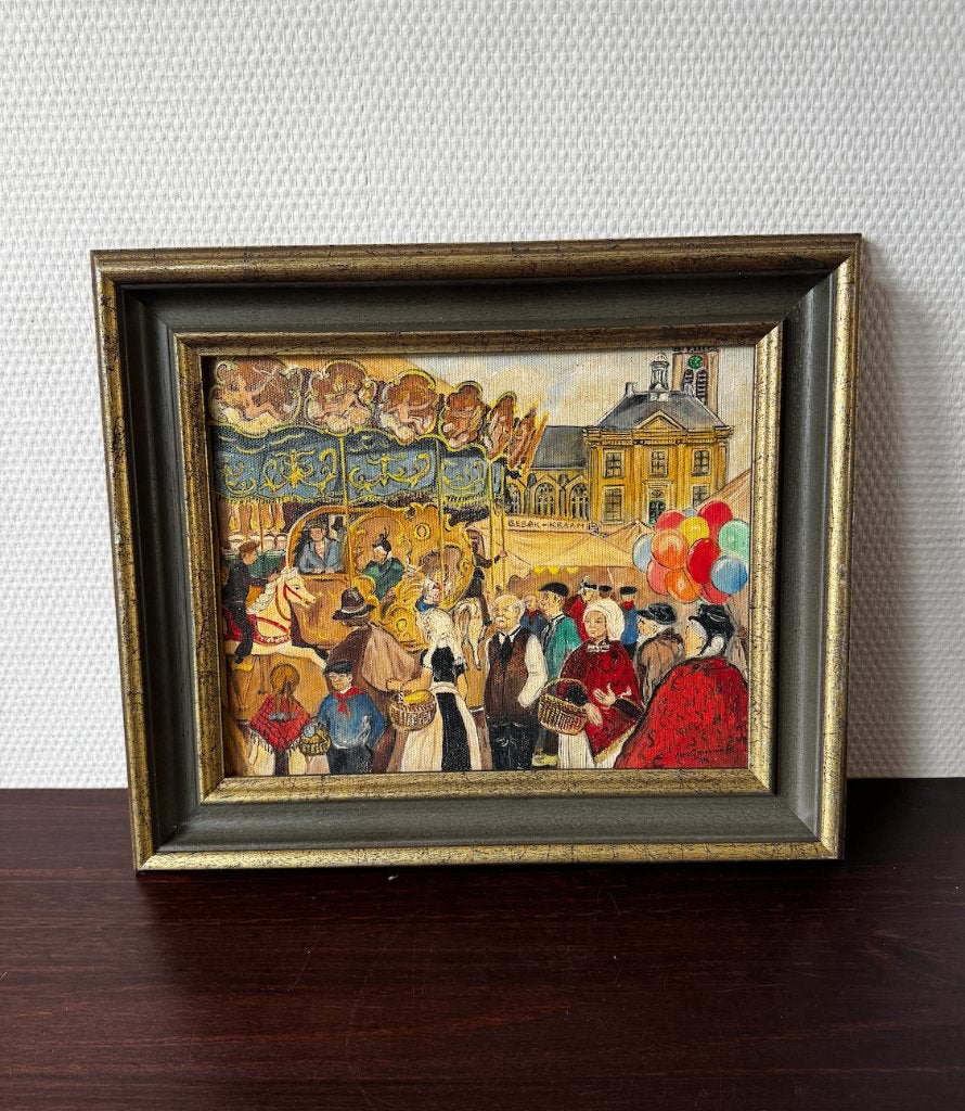 Vintage Schilderij Nederlandse Kermis, Draaimolen, Olieverf, Ophalen of Verzenden, Olieverf, Doek