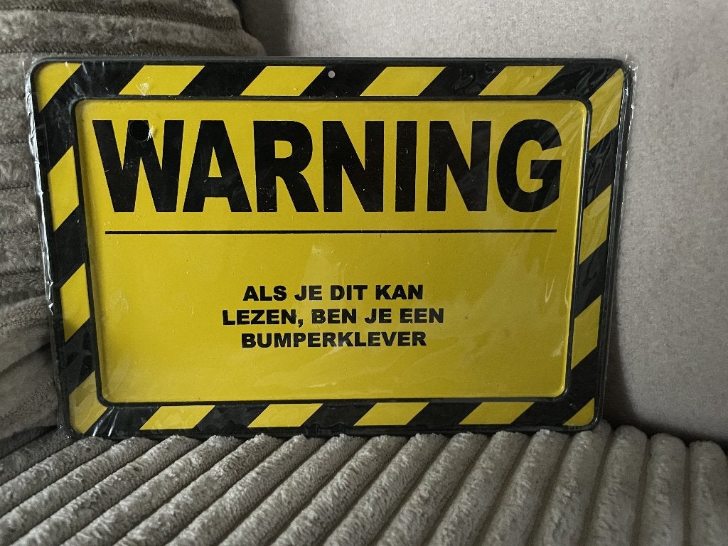 Warning,Bumperkleven, metalen giftcard, Ophalen of Verzenden, Www.pand50.nl, Info@pand50.nl, Printer 29B Coevorden