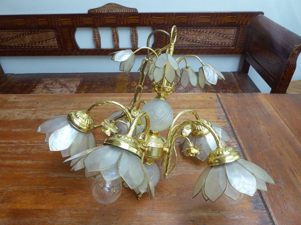 Vintage hanglamp met capiz schelpen, Ophalen of Verzenden