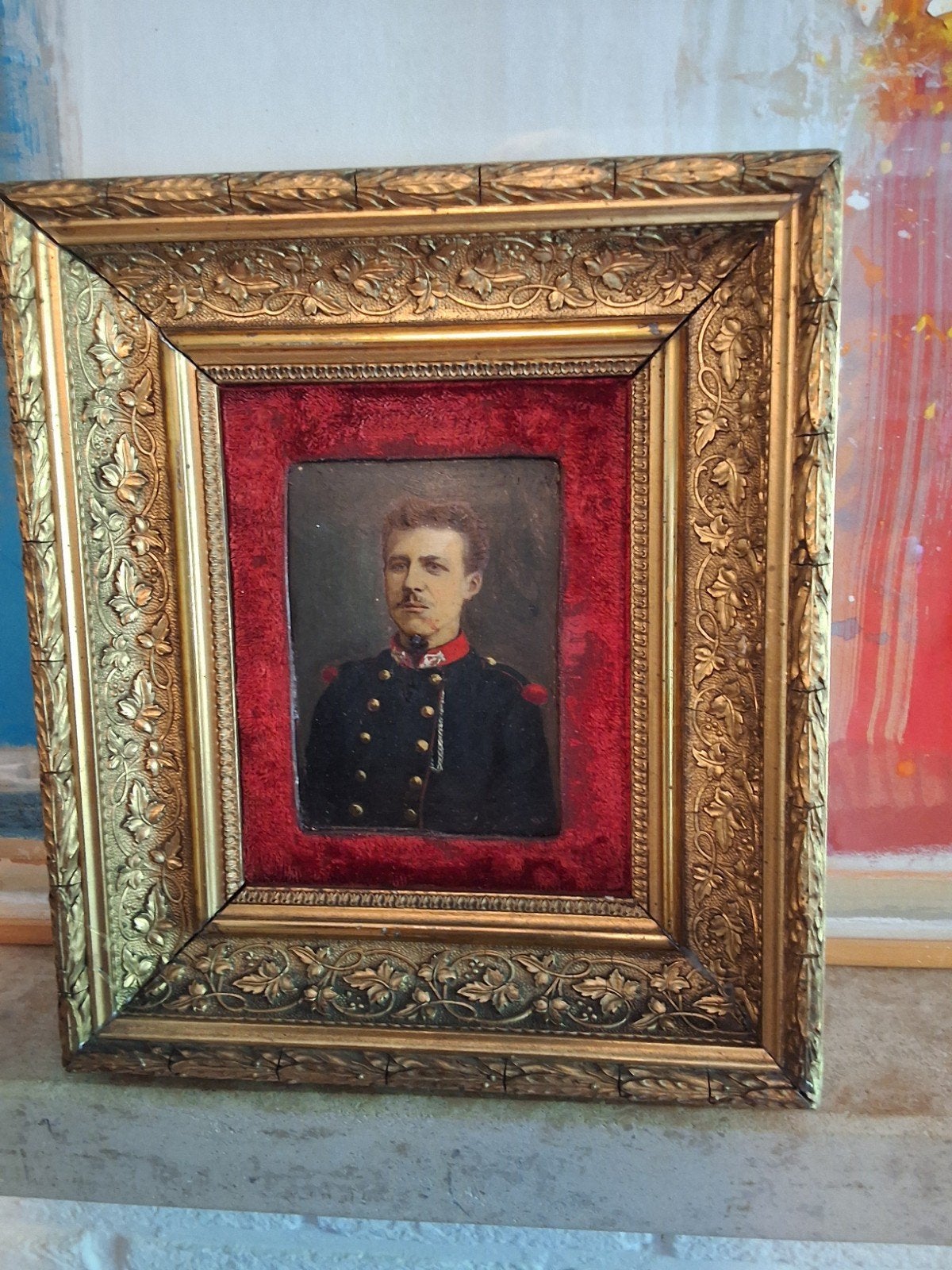 Antiek olieverf portret Franse militair olieverf op paneel, Ophalen of Verzenden