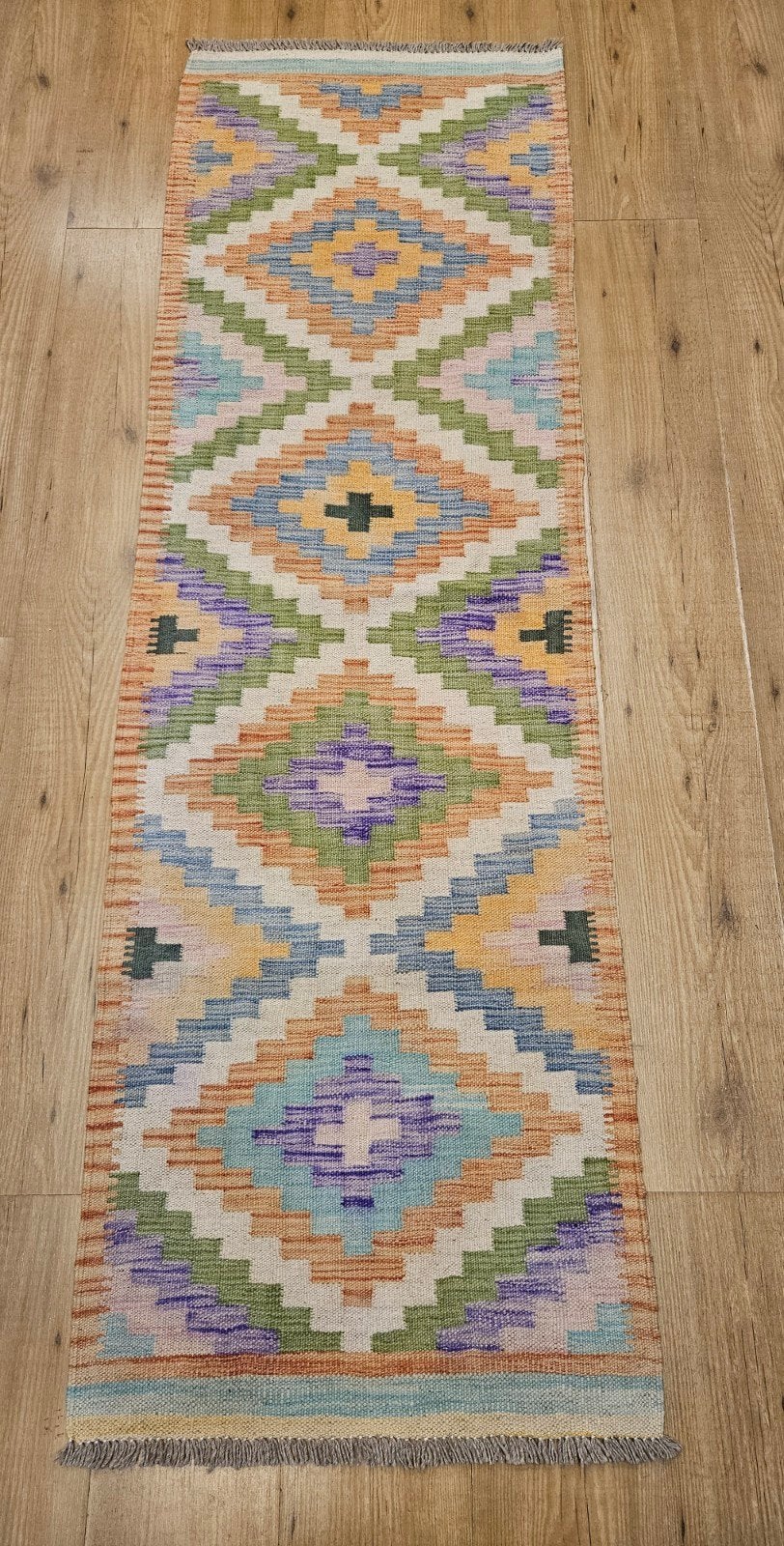 Handgeweven oosterse wollen kelim loper 200x61