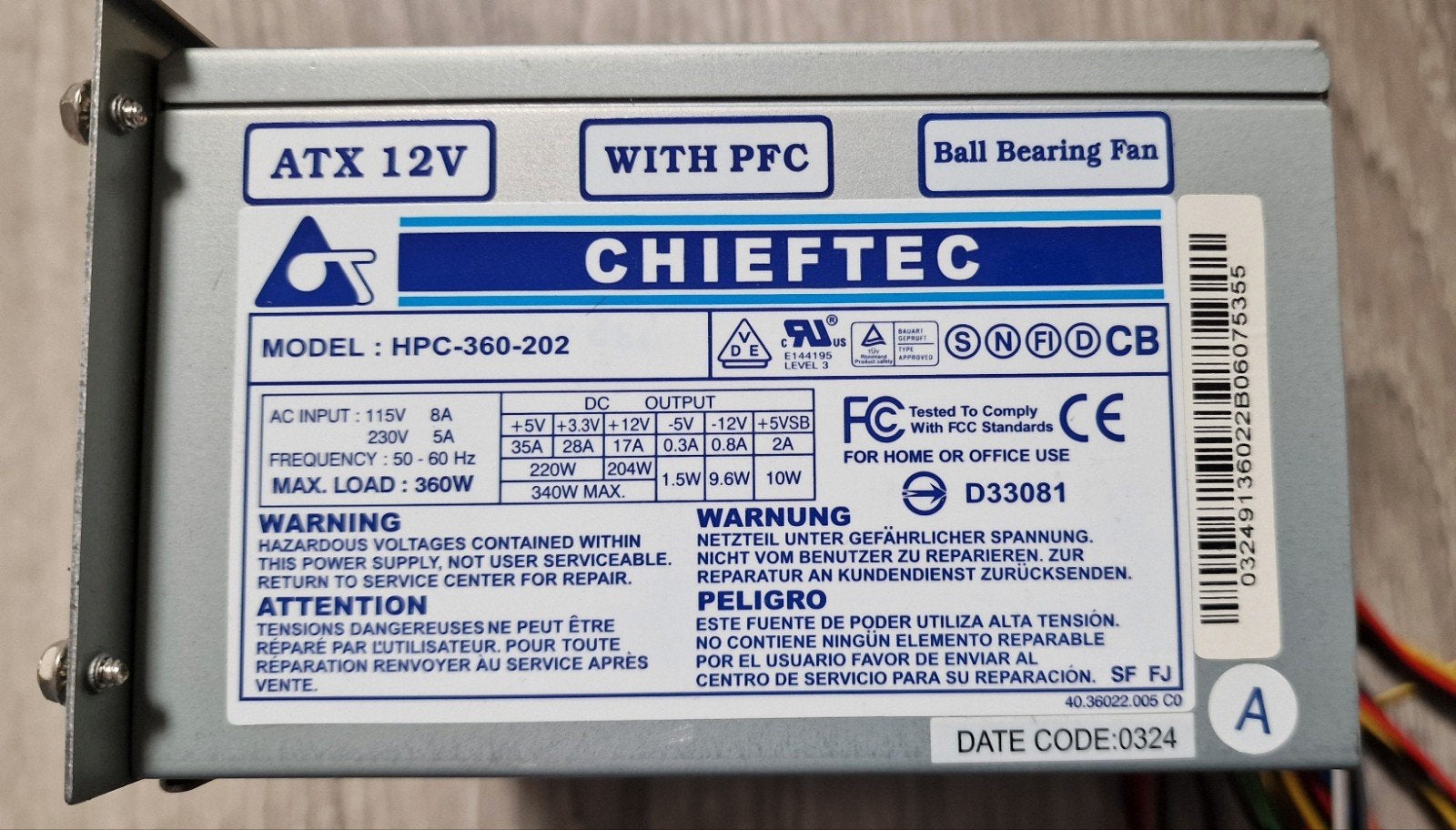 Chieftec HPC-360-202 ATX Voeding - Zo goed als nieuw, Computers en Software, Interne voedingen, Ophalen of Verzenden, Zo goed als nieuw