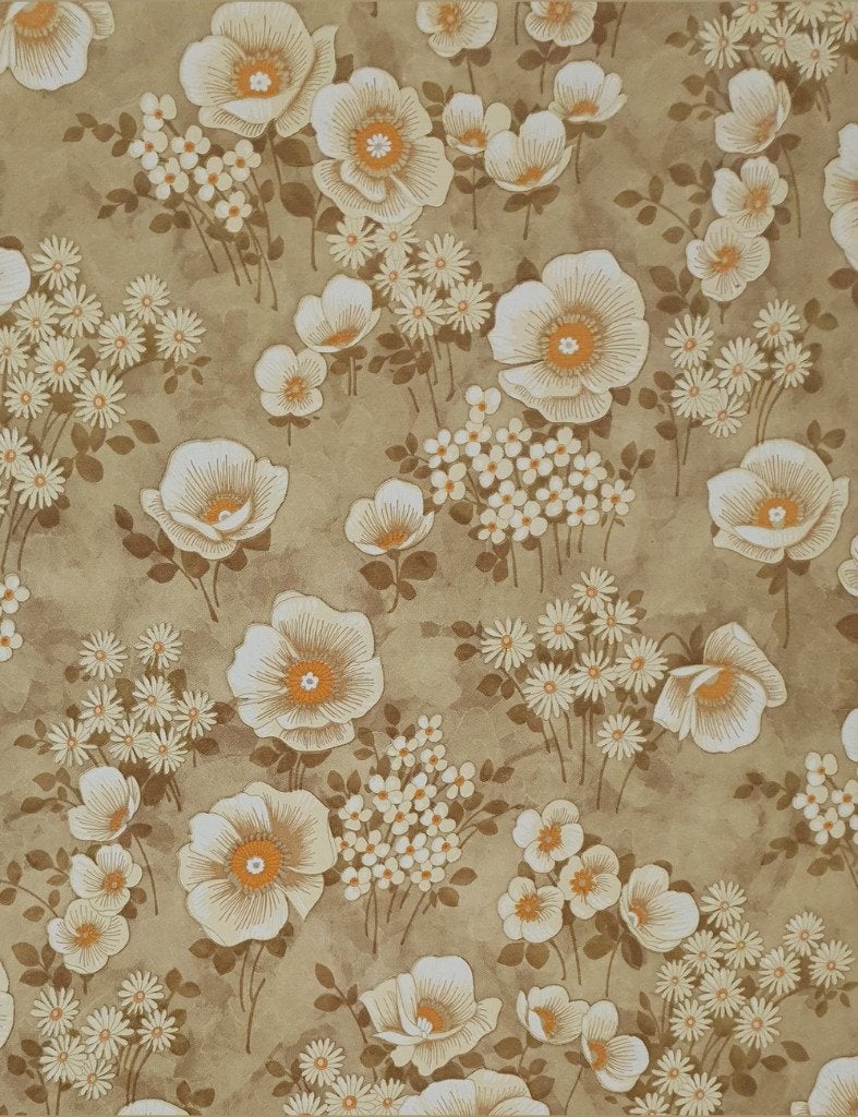4005 Vintage bloemen behang uit 70s bruin oranje crème swiet, Huis en Inrichting, Stoffering | Behang, Verzenden, Papierbehang
