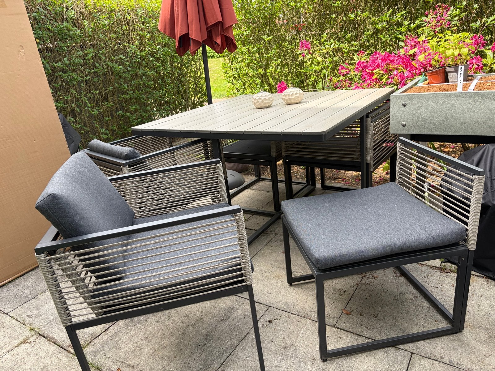 Tuinset Monaco - Staal en Polywood - Zwart/naturel, Ophalen, Gebruikt, Eettafel, 8 zitplaatsen