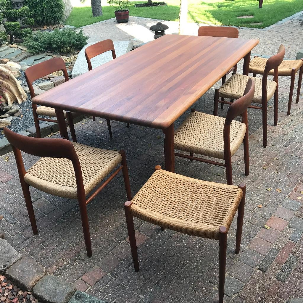 Set 6 N.O. Moller 75 stoelen tafel 2 krukken 80A Deens, Bruin, Ophalen of Verzenden, Nvt, Nvt