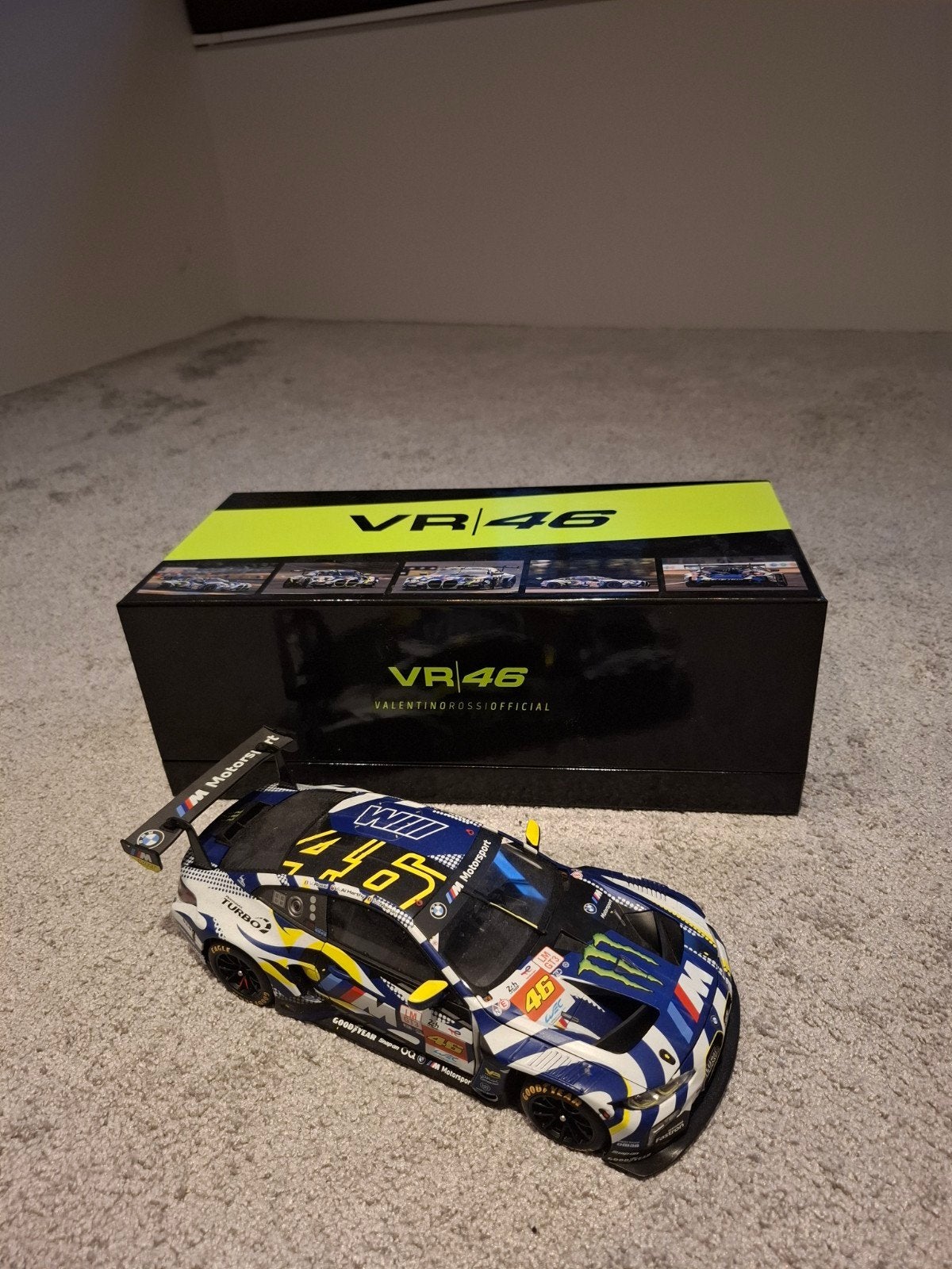 BMW M4 GT3 VR46 Valentino Rossi modelauto, Ophalen of Verzenden, Zo goed als nieuw, Auto, Overige merken