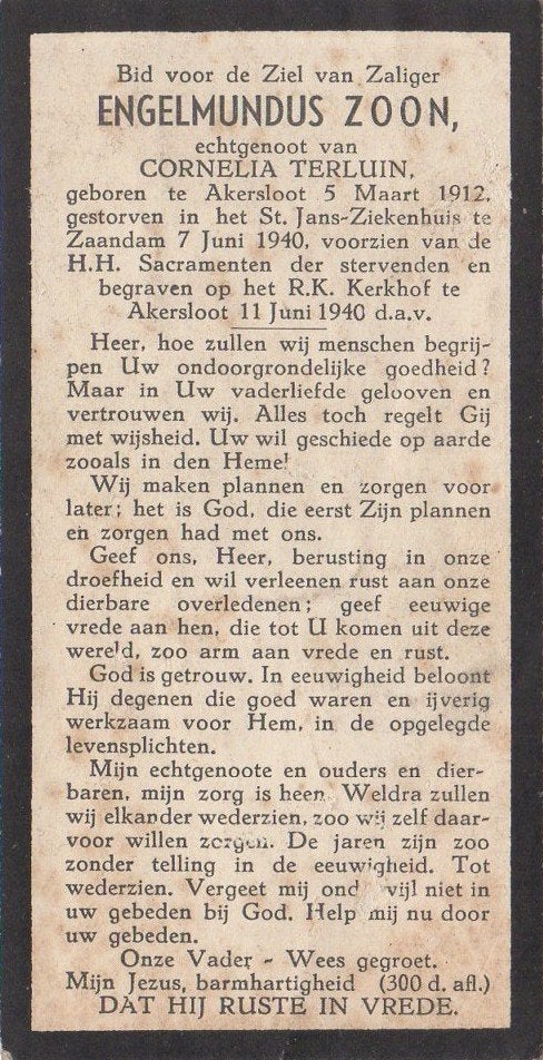 Engelmundus Zoon, 1912 Akersloot + 1940 Zaandam, 28 jaar, Verzenden