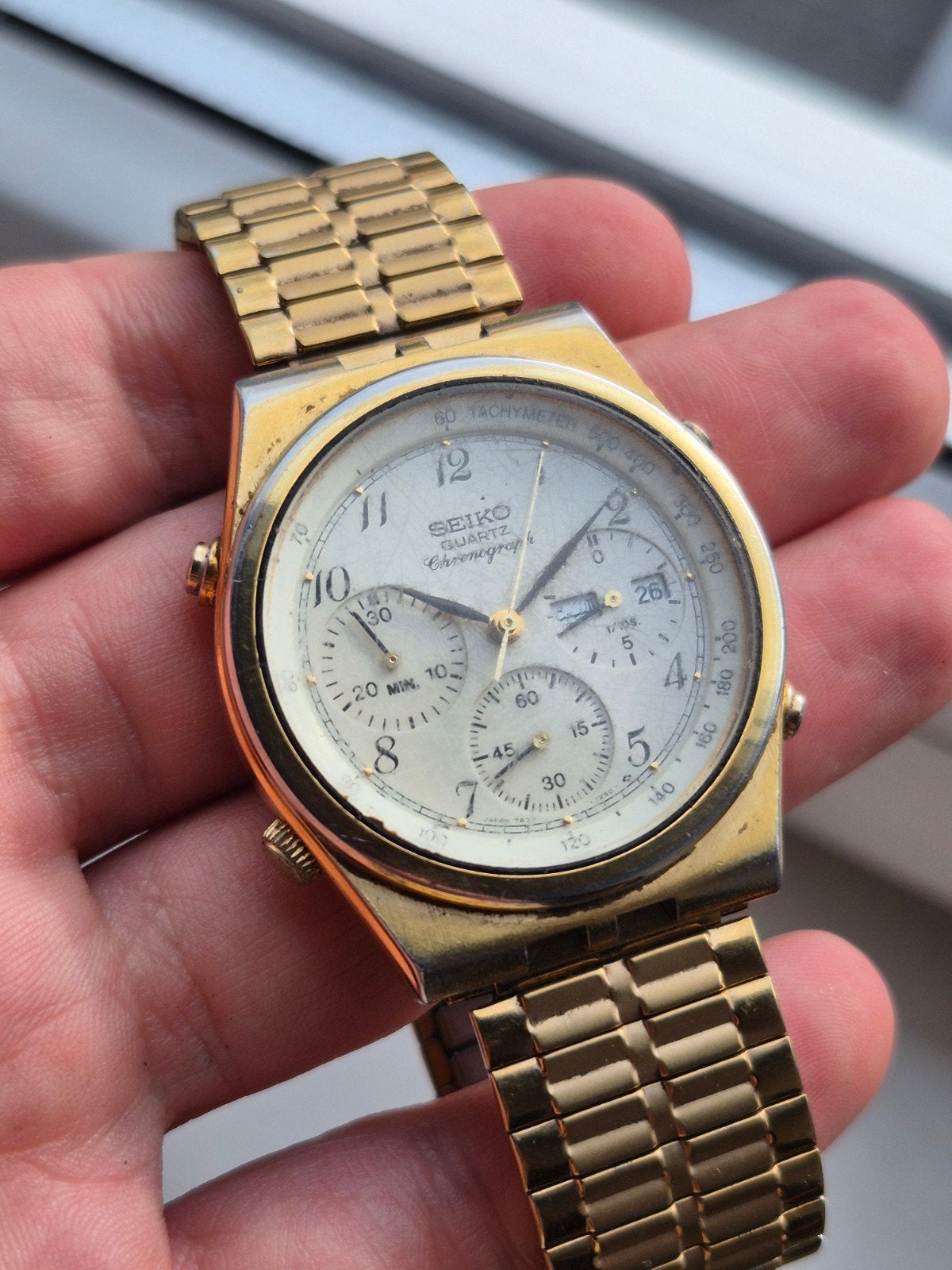 Seiko Quartz Chronograph Ref. 7A38-7280 Gold Tone, Seiko, Gebruikt, Seiko Watch Corporation, Info@seikowatches.com