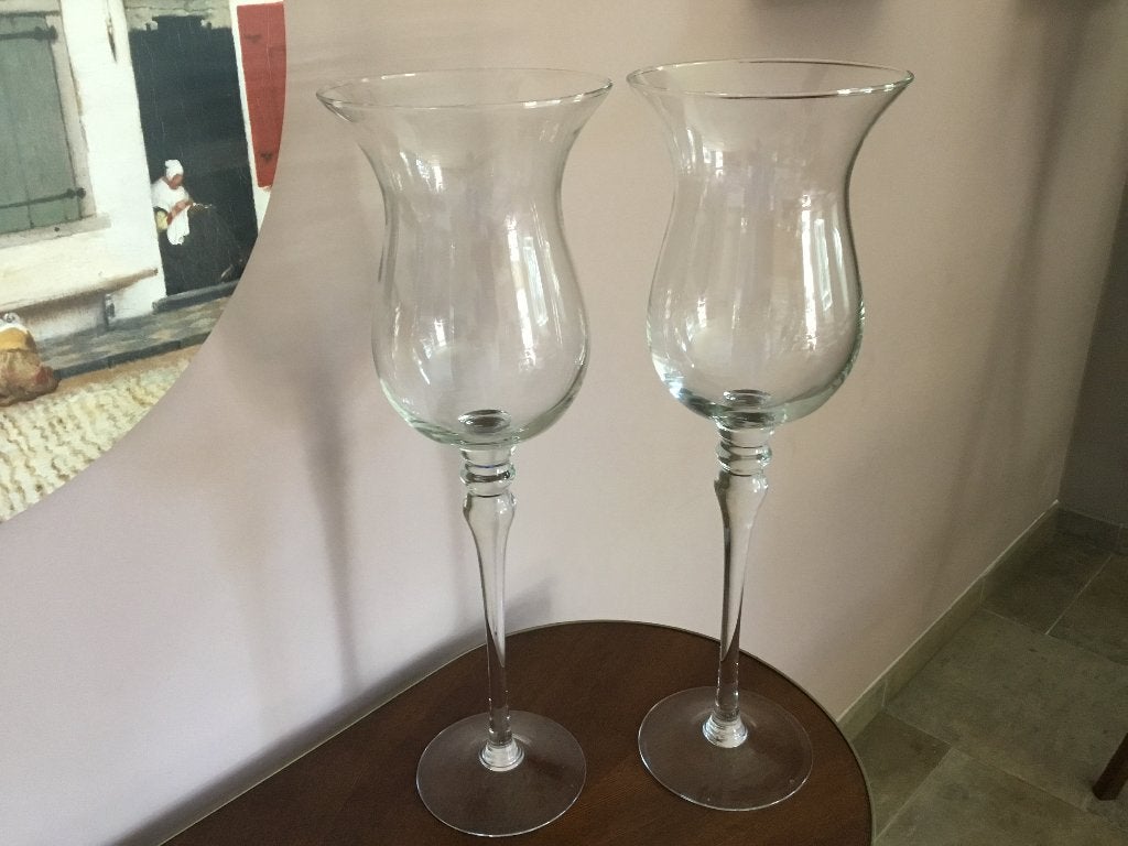 Twee glazen vazen op poot, Ophalen, Zo goed als nieuw, Glas, 53 cm