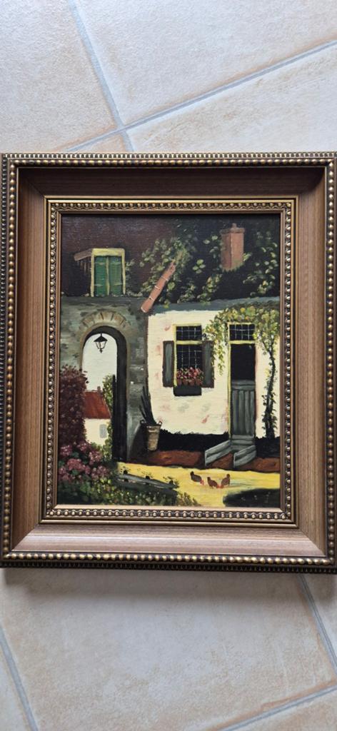 Schilderij: Charmant Huisje met Kippen (54x45 cm), Ophalen