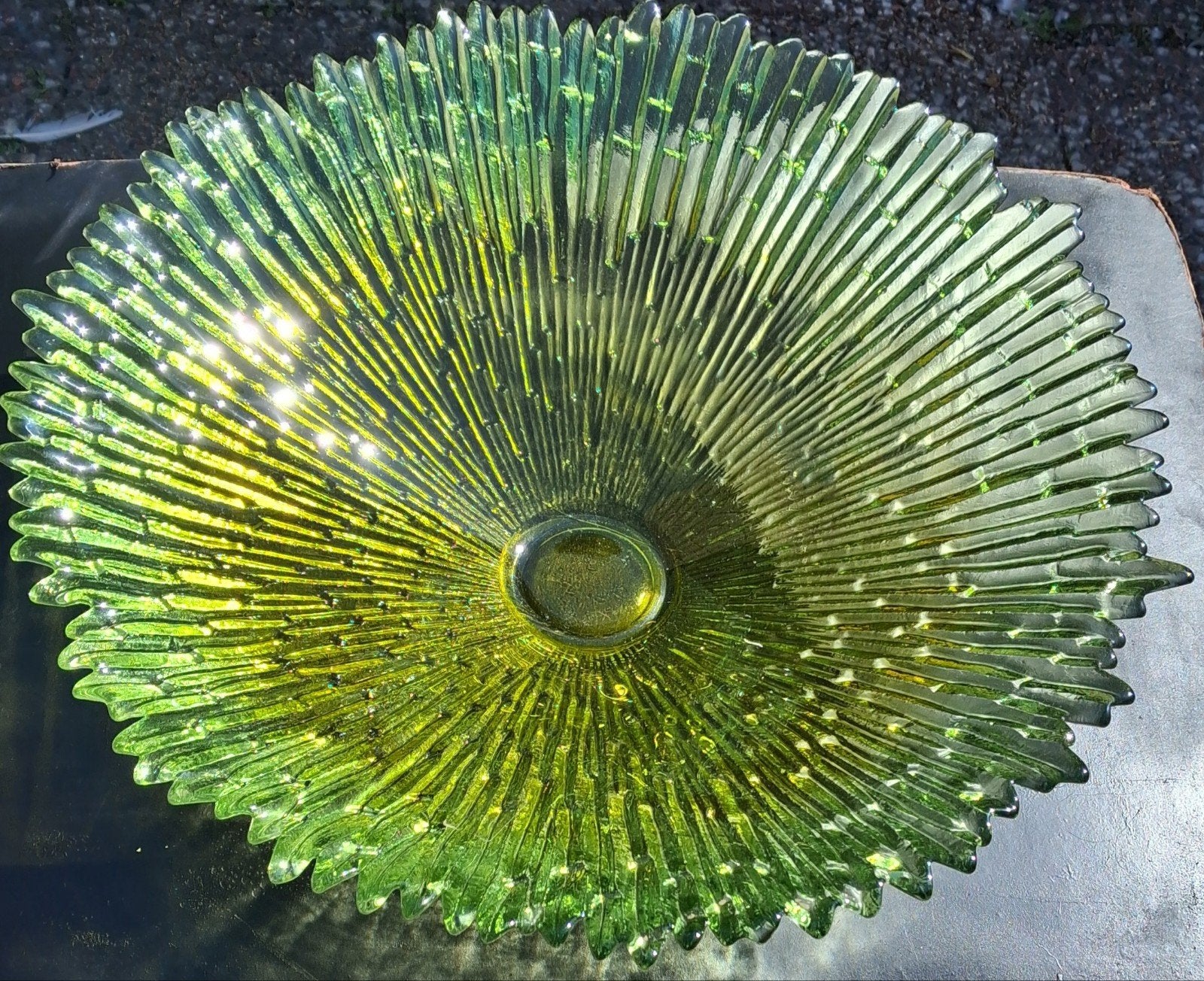 Schaal.  Murano? Gr/gele schaal. 49/14 cm. * Zie tekst., Ophalen, Schaal, Rond, Geribbeld