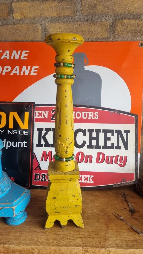 Leuke Ibiza stijl kandelaar, geel met kralen, Ophalen of Verzenden, Overige materialen