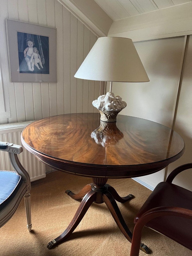 Antieke ronde mahoniehouten tafel en een tafelverlengstuk, Antiek en Kunst, Ophalen