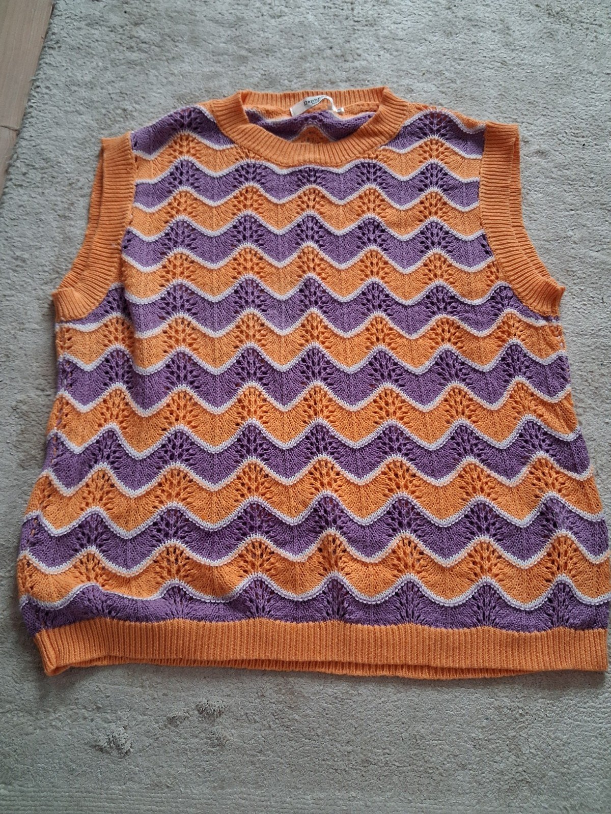Mouwloze trui met zigzagpatroon in oranje en paars, Ophalen of Verzenden