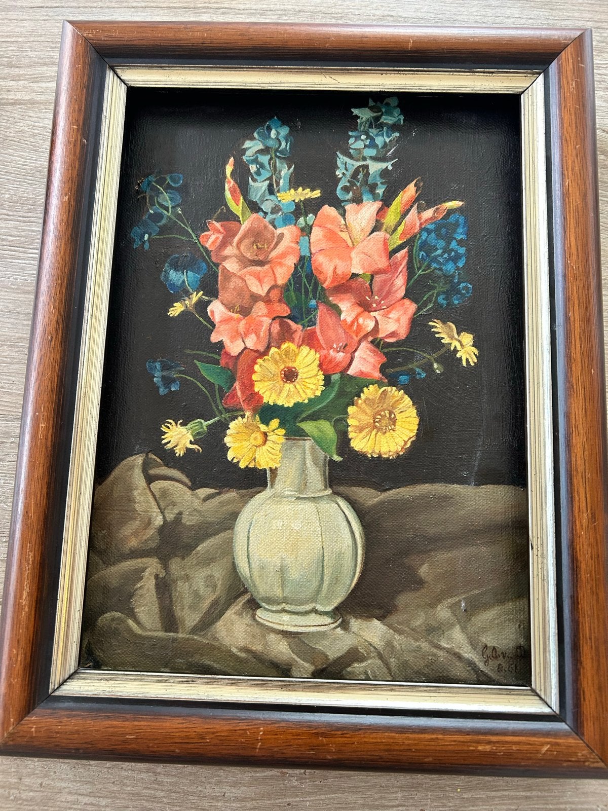 Bloemstilleven - G. van Dijk 1961 - 34cm x 26cm, Bloemen, Gedateerd, Doek, Ophalen of Verzenden
